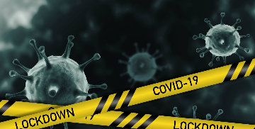 Wizualizacja wirusa, żółta taśma ostrzegawcza z napisami LOCKDOWN i COVID-19