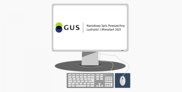 Zestaw komputerowy z logotypem Narodowego Spisu Powszechnego Ludności i Mieszkań 2021 na ekranie monitora